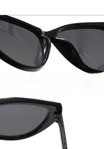 Detail view of integrated nose support and hinge on black cat-eye sunglasses