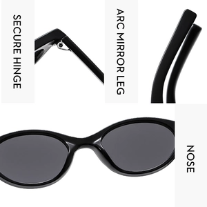 Close-up of secure metal hinges and ergonomic curved temples of retro oval sunglasses