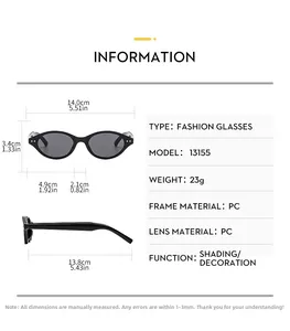 Detailed size chart for retro oval sunglasses showing frame width and lens dimensions