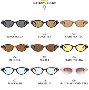 Detailed grid showing nine color options of retro oval sunglasses with rivet accents