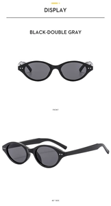 Detailed front and side view of oval black sunglasses with silver rivet accents
