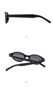 Side and back view of retro black oval sunglasses with thick polished resin frames