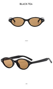 Retro oval black sunglasses with tea lenses, showing front and side views and rice-nail details