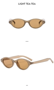 Front and side views of light tea oval sunglasses with retro rivet metal accents