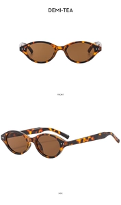 Detailed views of oval demi-tea sunglasses with retro tortoiseshell patterns and lenses
