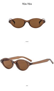 Front and side views of vintage oval tea-colored sunglasses with translucent frames