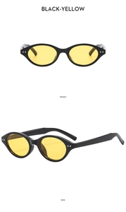 Detail of vintage oval sunglasses with black frame and yellow lenses in front and side views