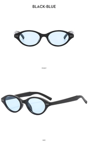 Detail view of oval black-blue sunglasses showing front and side perspectives