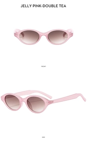 Detailed front and side view of trendy jelly pink oval sunglasses with tea gradient lenses