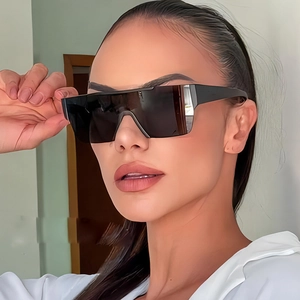 Fashionable oversized square wraparound sunglasses with sleek black flat top frames for adults