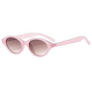 Pink oval sunglasses with translucent frames and gradient lenses featuring silver rivet detail
