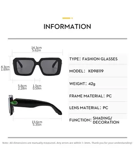 Detailed size chart for black square sunglasses featuring green gemstone accents