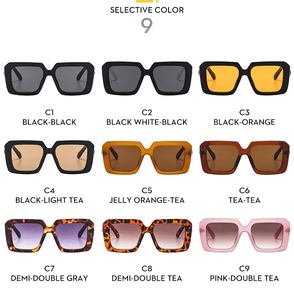 Matrix showing 9 color options for square frame trendy sunglasses from C1 to C9