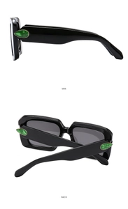 Detailed side and back views of black sunglasses featuring green gemstone accents