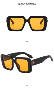 Front and side view of retro square black sunglasses with orange lenses