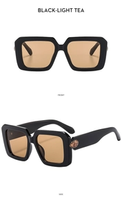 Front and side view of square black sunglasses with light tea lenses and amber accents