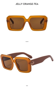 Detail view of jelly orange square sunglasses with tea lenses and metal drop accents