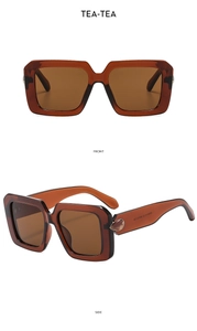 Front and side views of amber square sunglasses with golden teardrop accents