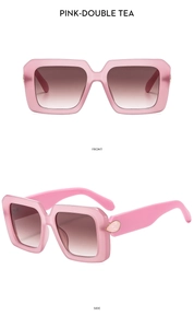 Pink square frame sunglasses with tea gradient lenses in front and side views