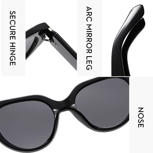 Detail view of cat eye sunglasses showing secure hinges and ergonomic curved temples