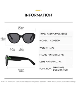 Detailed dimension chart showing frame width and lens size for cat eye sunglasses