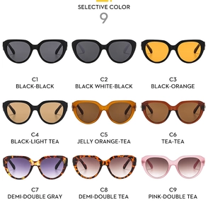 Nine diverse color options for cat-eye sunglasses featuring various frames and lens tints