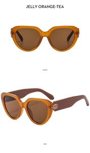 Front and side view of trendy cat-eye sunglasses in jelly orange-tea with metal accents
