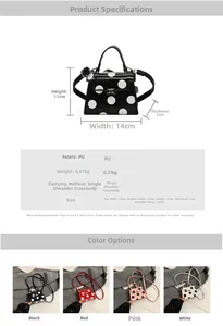 Detailed size specifications and four-color display for the polka dot crossbody handbag