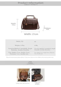 Detailed size specifications and material specs for the vintage brown PU leather satchel bag