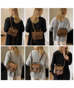 Detailed views of vintage brown leather crossbody bag styled with different carrying modes