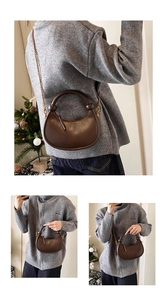 Detail of dark brown crescent bag with round handle and gold chain in various poses