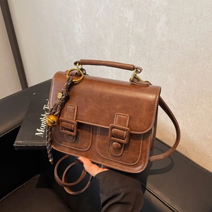 Women Vintage PU Leather Crossbody Bag Small Square Satchel Shoulder Bag With Top Handle Fashion Commuting Handbag Brown