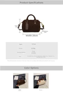 Detailed spec sheet showing the 20x14x7cm plush Boston bag dimensions and material texture