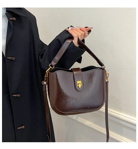 Details einer braunen Vintage Satteltasche mit glänzender Lederstruktur und Goldschnalle