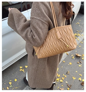 Detailed view of quilted pleats on a khaki shoulder bag worn with a brown wool coat
