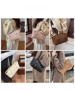 Collage of pleated tote bags in five colors shown in urban and cafe lifestyle settings