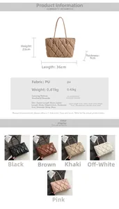 Quilted tote bag size chart and technical specifications for PU shoulder handbag