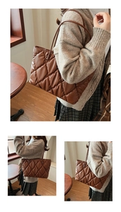 Macro detail of brown quilted tote bag with diamond stitching and leather texture