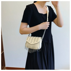 Detail view of white mini crossbody bag with silver rhinestones and long metal fringes