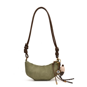 Morandi green crescent shoulder bag with suede finish and brown knotted strap