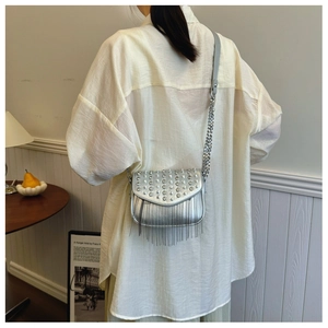Detail of silver crossbody bag featuring metallic studs, long tassels, and chain strap