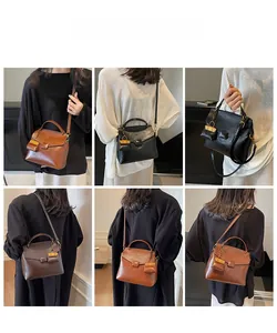 Multiple views of retro leather crossbody bags on models in various stylish outfits