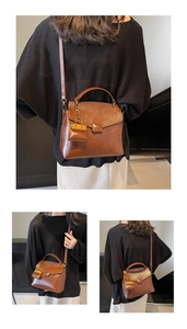 Three-view display of a retro brown crossbody bag with mini pouch and adjustable strap