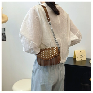 Detail of brown leather crossbody bag with silver rivets and metallic fringe tassels