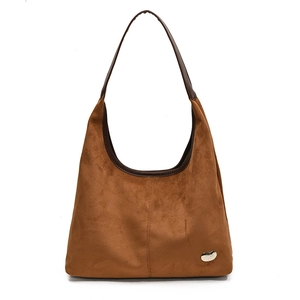 Retro large brown suede tote bag with heart logo and dark leather handle