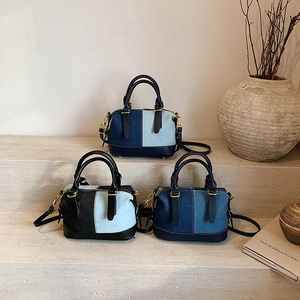 Women Denim Patchwork Handbag Crossbody Shoulder Bag Boston Style Retro Casual Gold Hardware Trendy Fashion