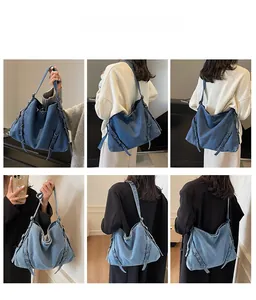 Detailed views of large denim shoulder bag with metal side buckles in blue and light blue