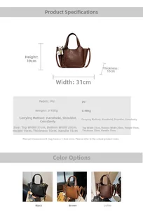 Détails du sac seau en cuir PU avec dimensions et plusieurs options de couleurs
