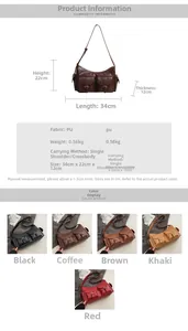 Detail showing dimensions 34x22x12cm and multiple pockets of this PU leather bag