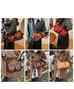 Three vintage leather shoulder bags with buckle pockets shown in various colors